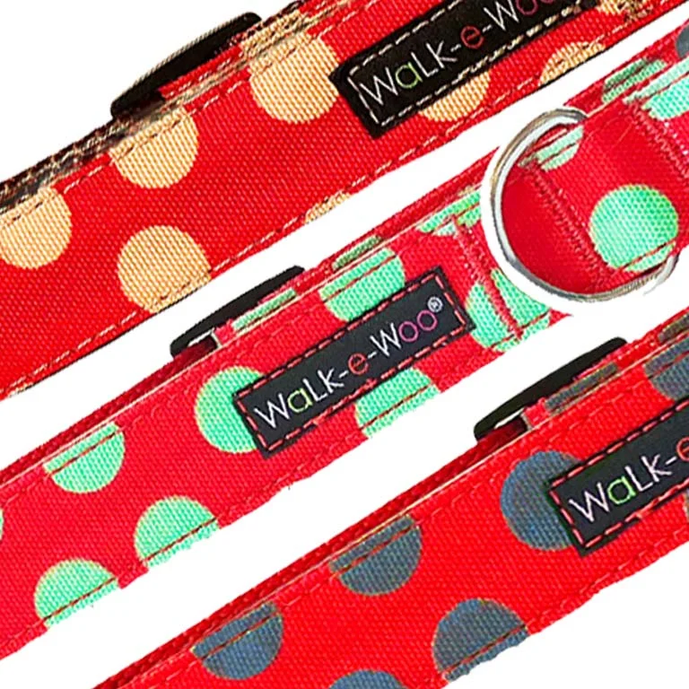 Polka Dot Dog Collars, Leads and Bows on Red - 3 Styles